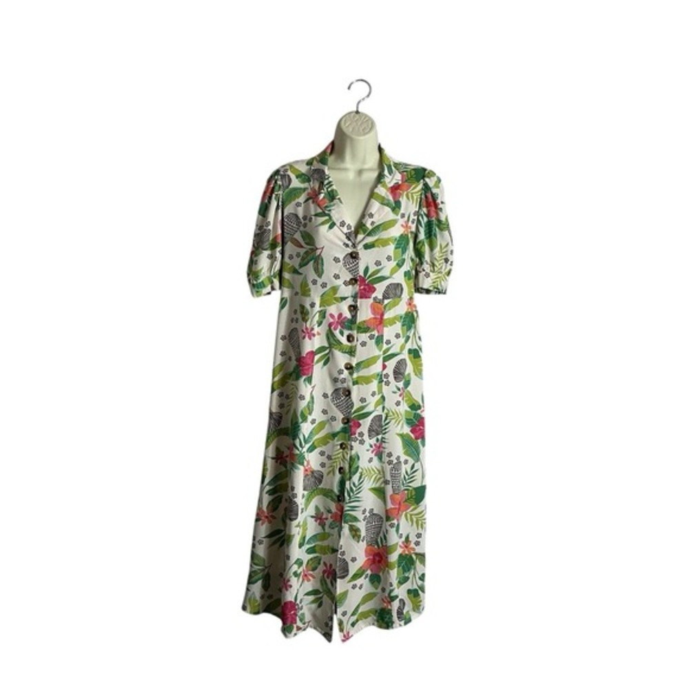 Bombay Paisley XS White‎ Floral Puff Sleeve Relaxed Midi Shirt Dress Cottagecore